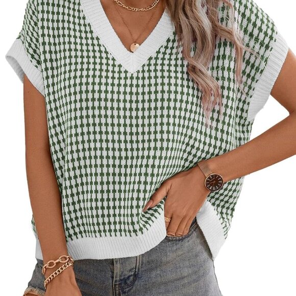 Women's Casual Summer V Neck Short Sleeve Plaid Pullover Sweater Vest - Green - - Picture 1 of 5